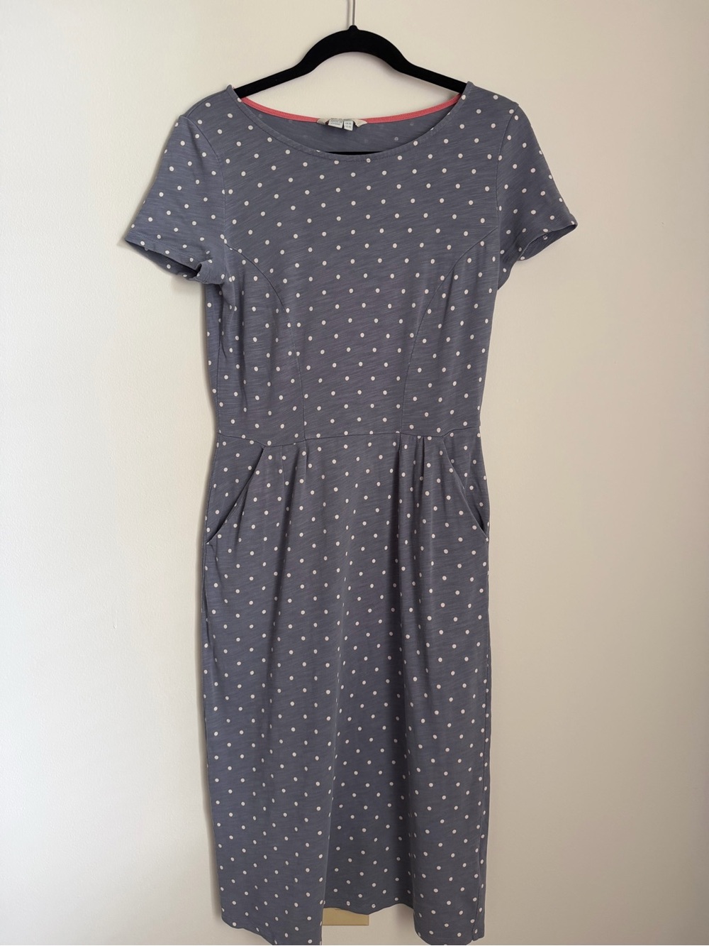 Boden Size 4L Blue Gray Polka Dot Cotton Midi Dress Comfortable with Pockets